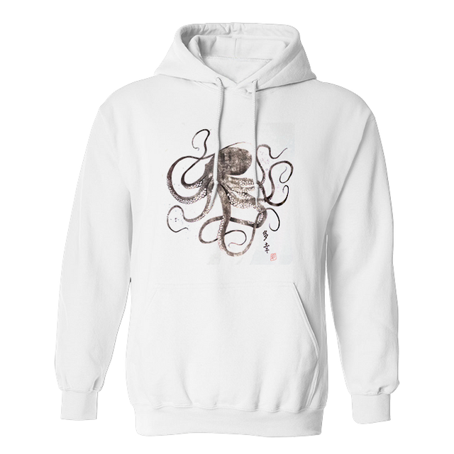 Octopus Japanese Painting Calligraphy Themed White Hoodie