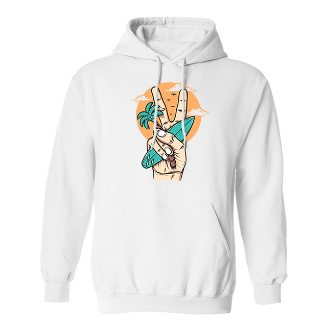 Surfing Peace Sign Sunset Artwork White Hoodie
