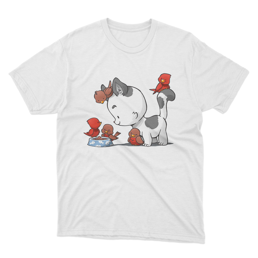 Cute Cat And Birds Sharing Food Pet White T-Shirt image 1