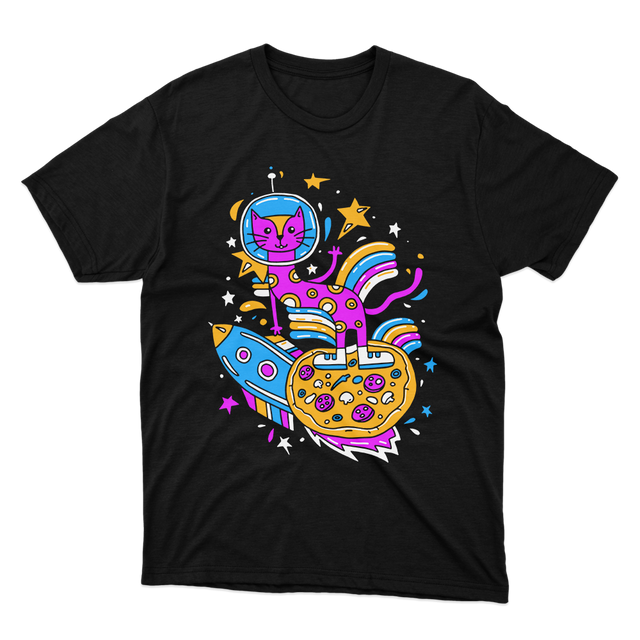 Cosmic Cat On Pizza Moon Black T-Shirt