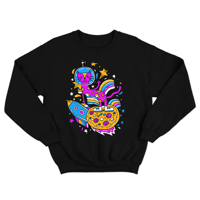 Cosmic Cat On Pizza Moon Black Sweatshirt