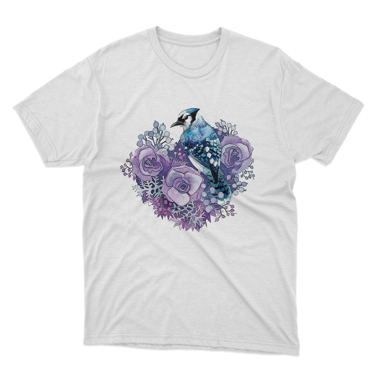 Blue Jay Violet Flowers White T-Shirt image 1